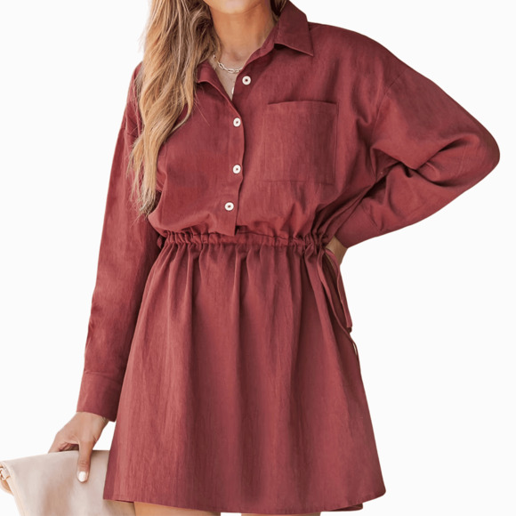 Cupshe Maroon Mini Shirt Dress Women’s Large Button Front Drawstring Waist - Picture 4 of 8